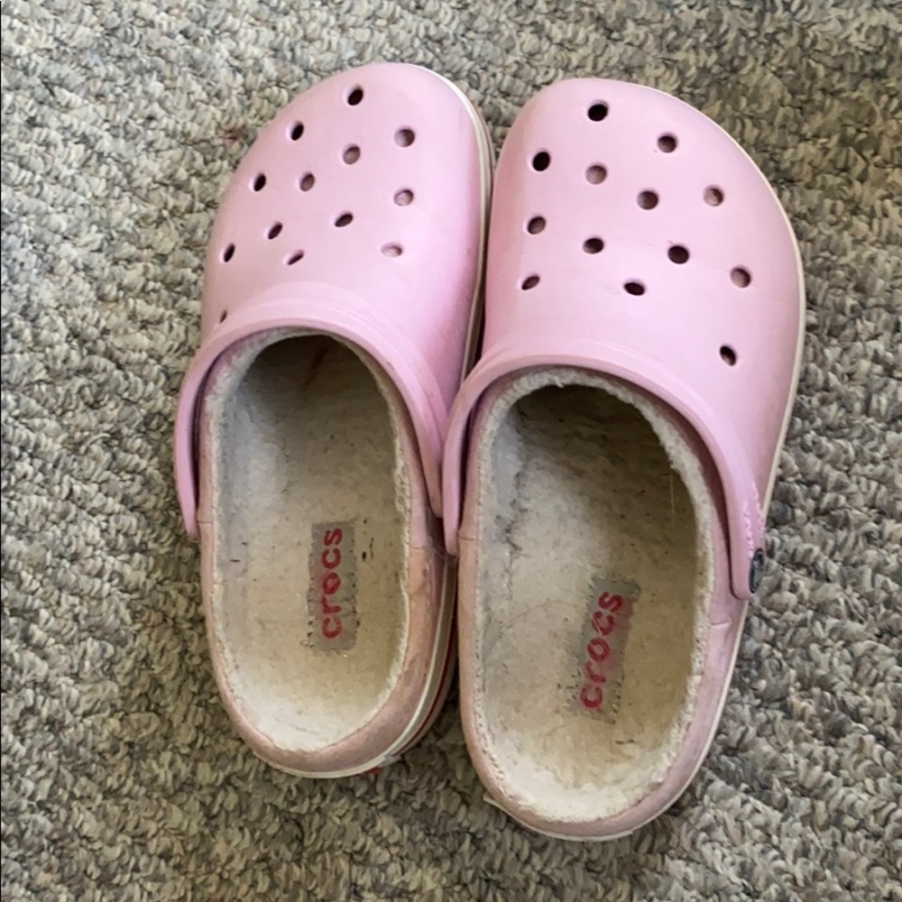 Pink fuzzy crocs